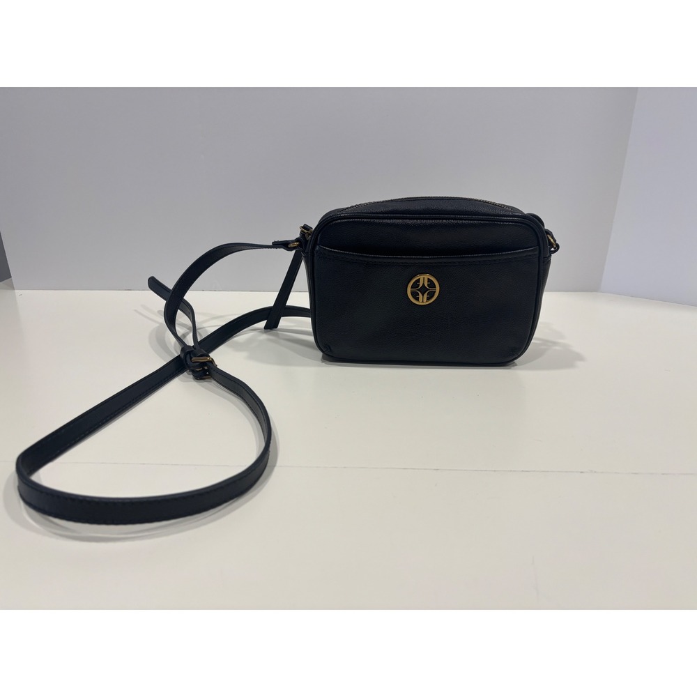 Fossil Black Pebbled Leather Crossbody Camera Bag Gold Hardware Logo Purse